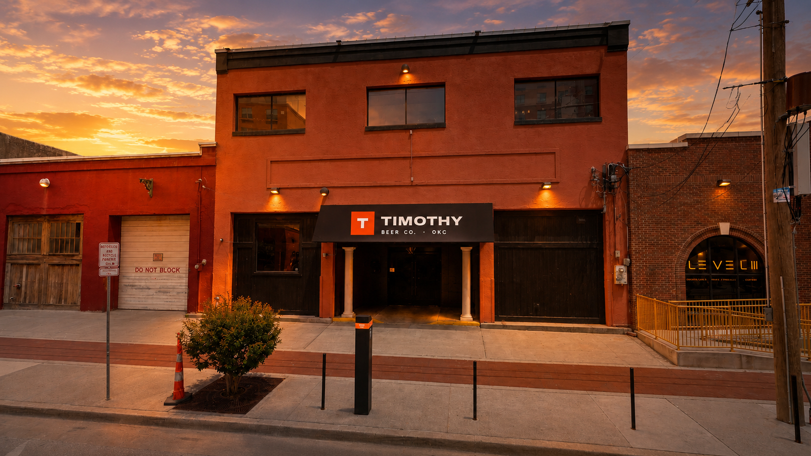 The Timothy Beer Co. building on Sheridan Ave at sunset